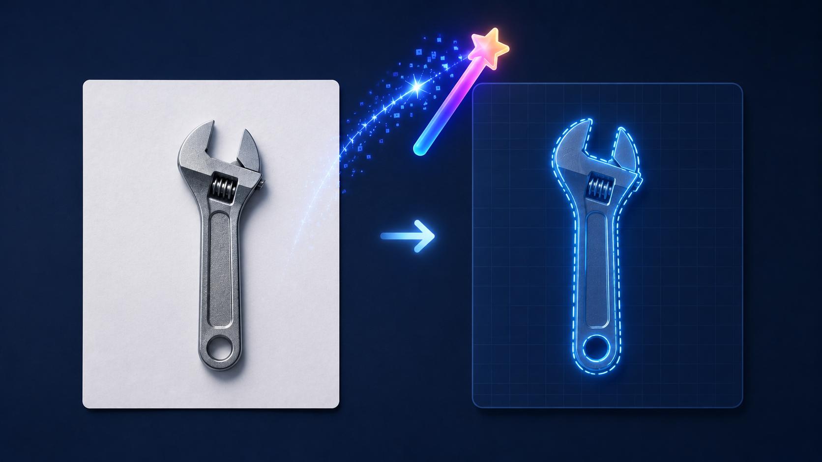 Minimal changelog artwork showing a magic wand detecting a dashed object outline on a paper tracing canvas