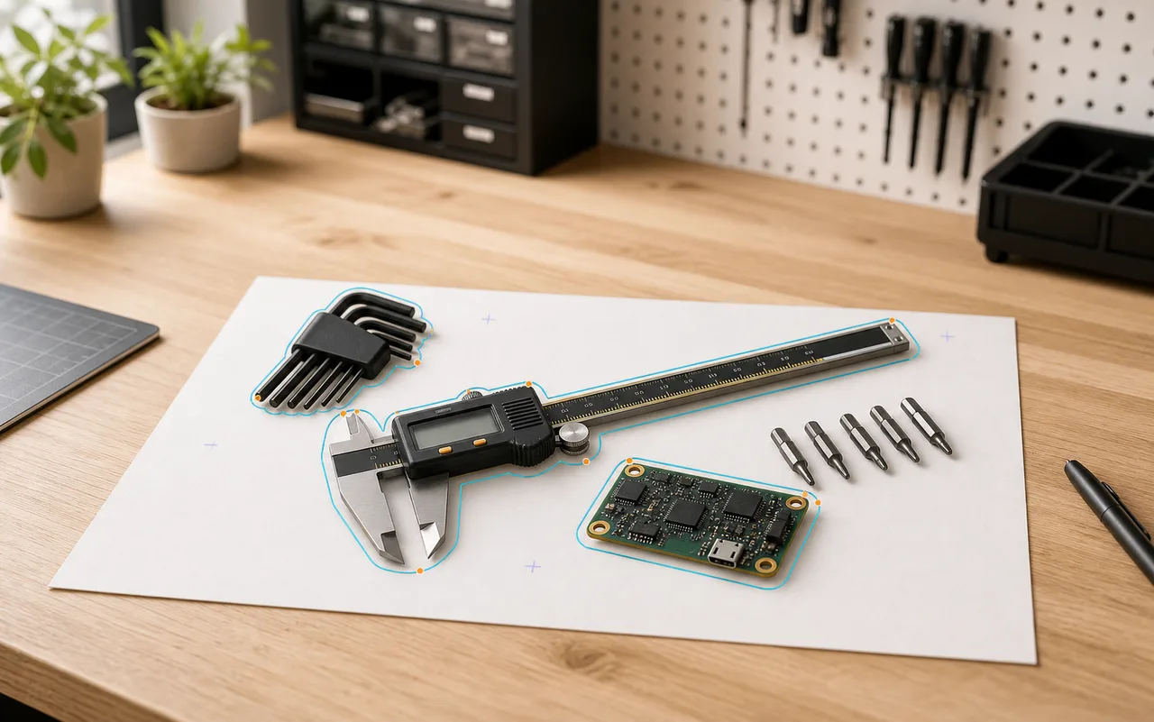 Hex keys, calipers, and a circuit board laid on a sheet of paper, each with a detected outline