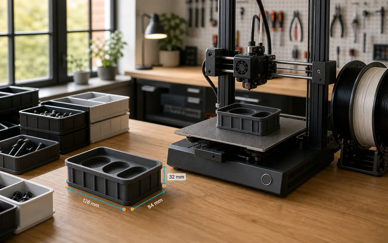 3D-printed Gridfinity bin with custom tool cutouts and dimension labels next to a 3D printer finishing another bin